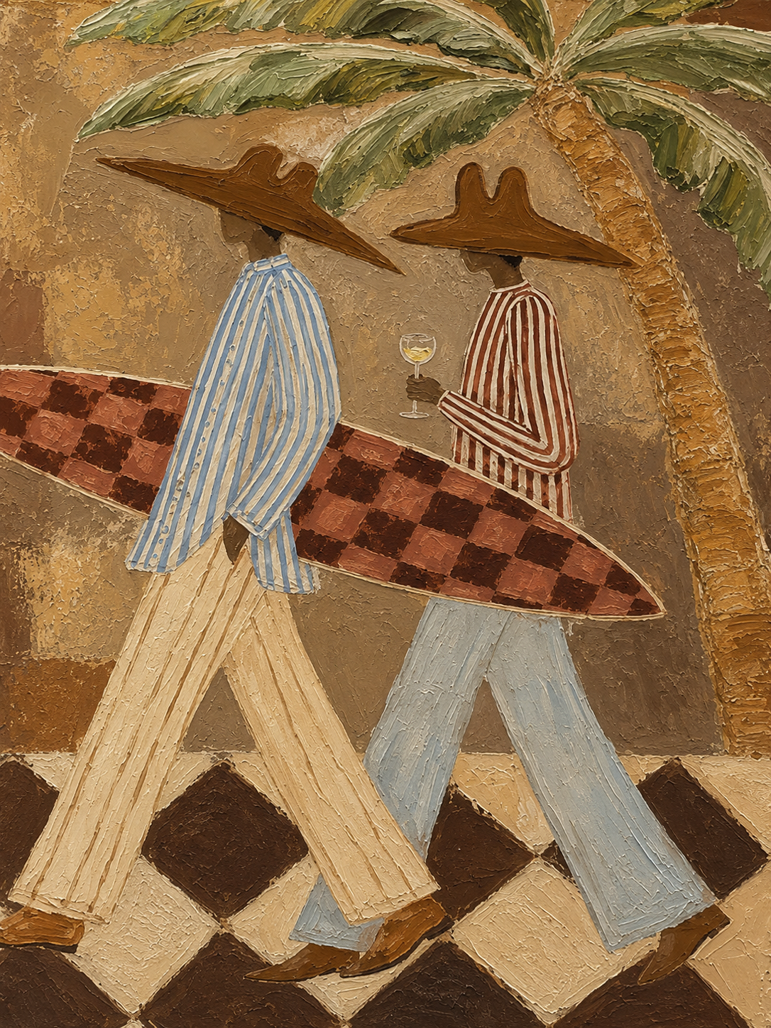 Figurative Summer Vacation Art With Checkered Surfboard And Tropical Palms