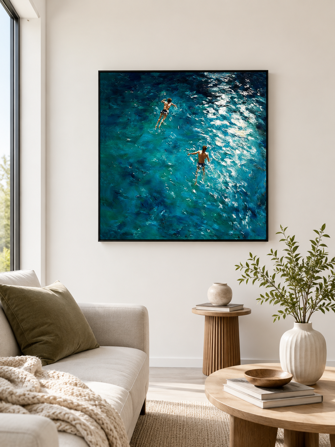Deep Blue Ocean Swimming Oil Painting With Thick Textured Waves For Modern Home Decor