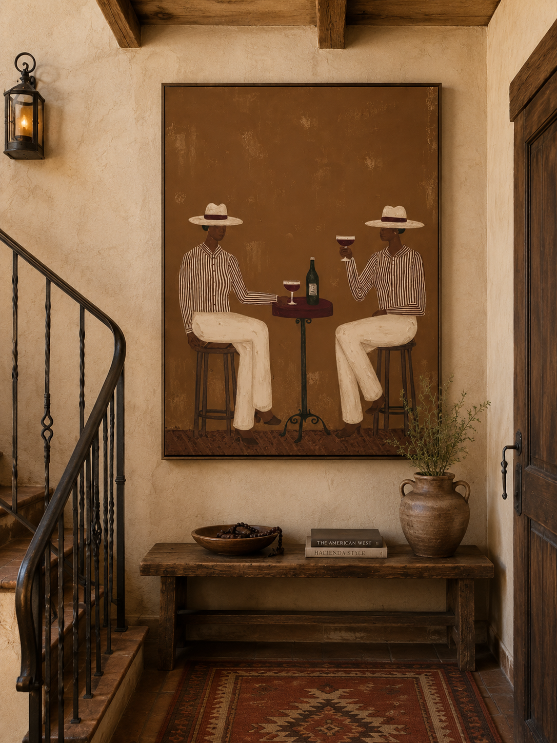 Vintage Bistro Figure Painting For Modern Dining Room Wall Art With Earthy Tones