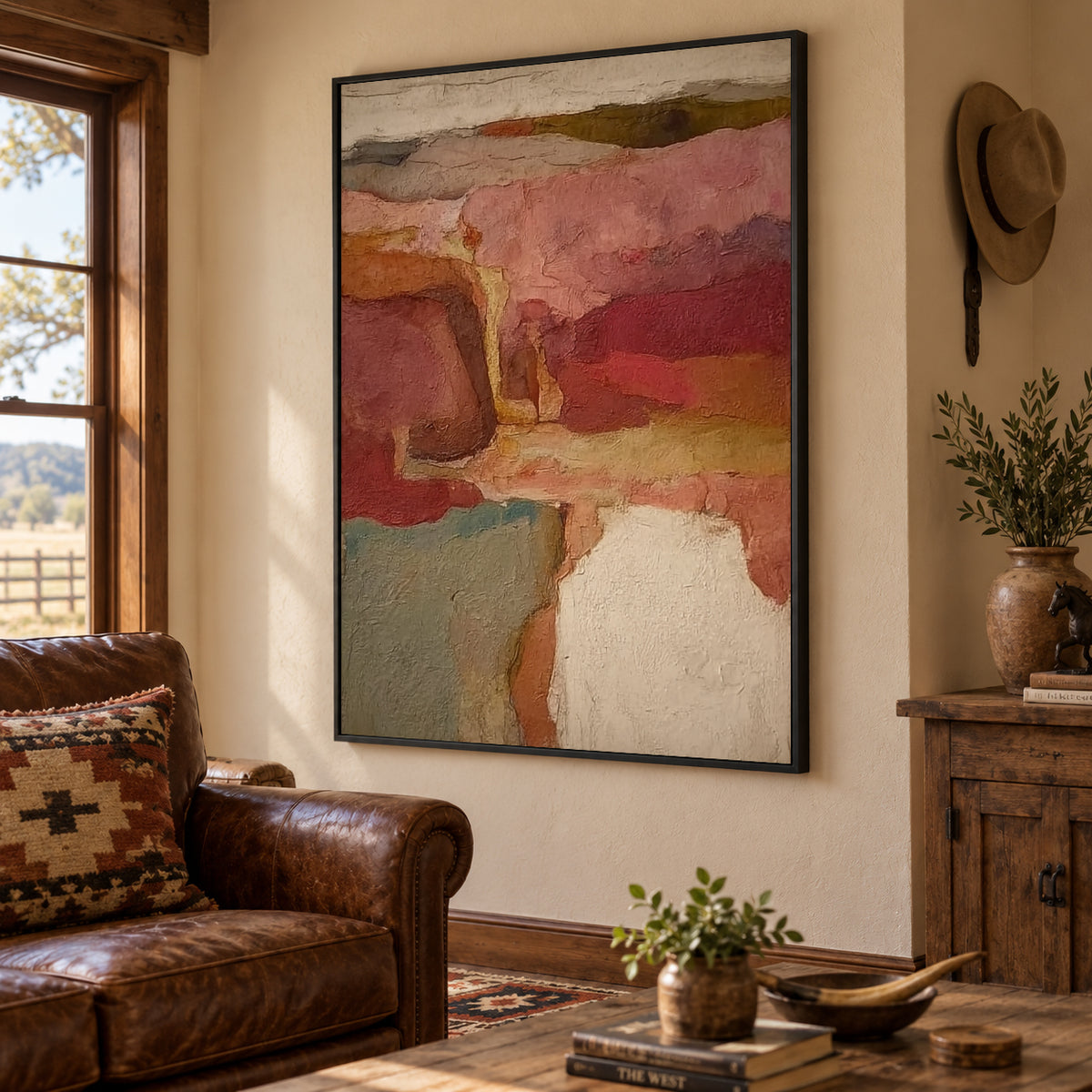 Abstract Burgundy And Sage Green Canvas Painting Hand-Painted Original Art For Modern Walls