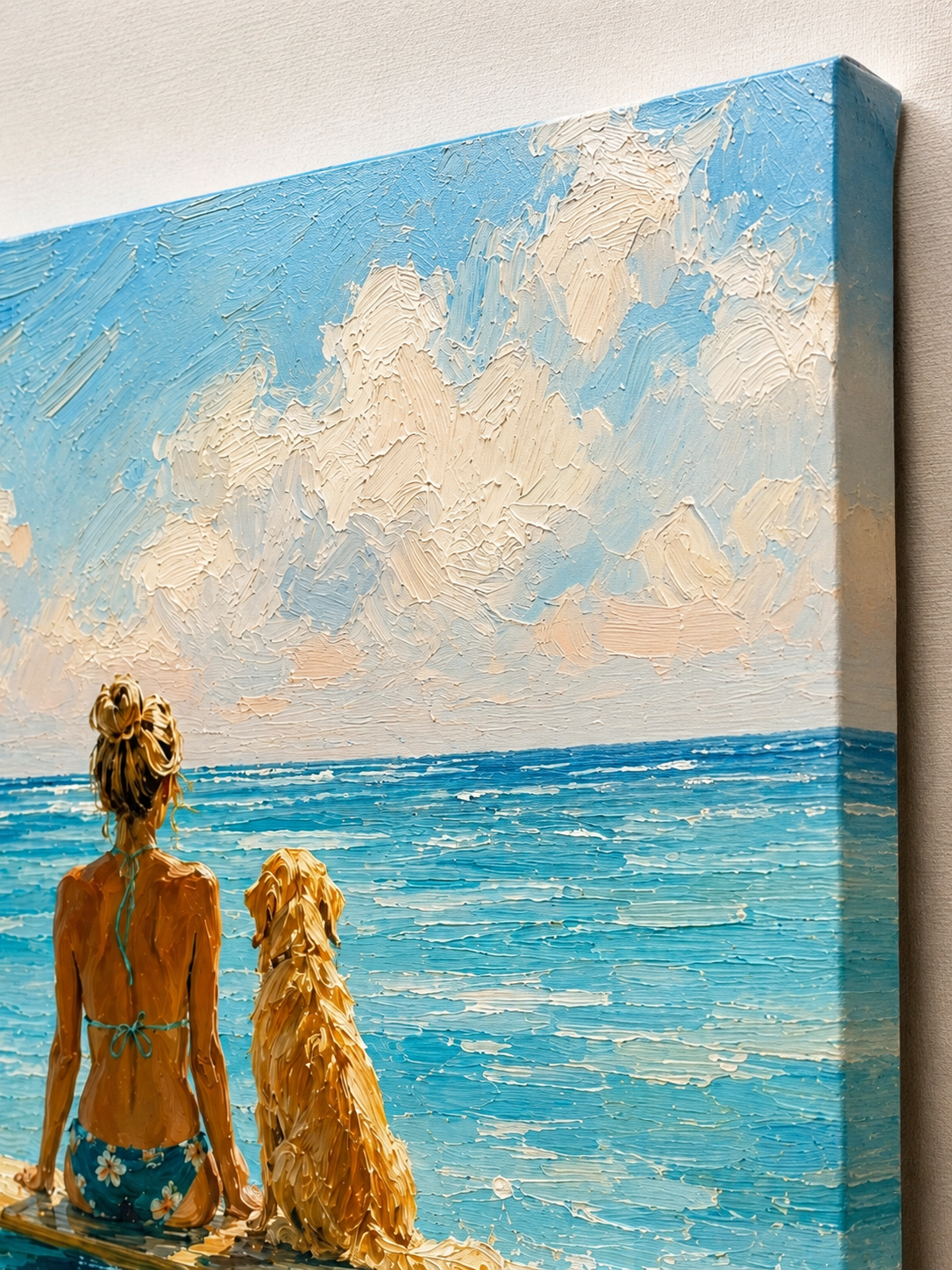 Summer Beach Surfboard Art Hand Painted Girl And Dog Ocean View Art For Beach House Living Room Decor