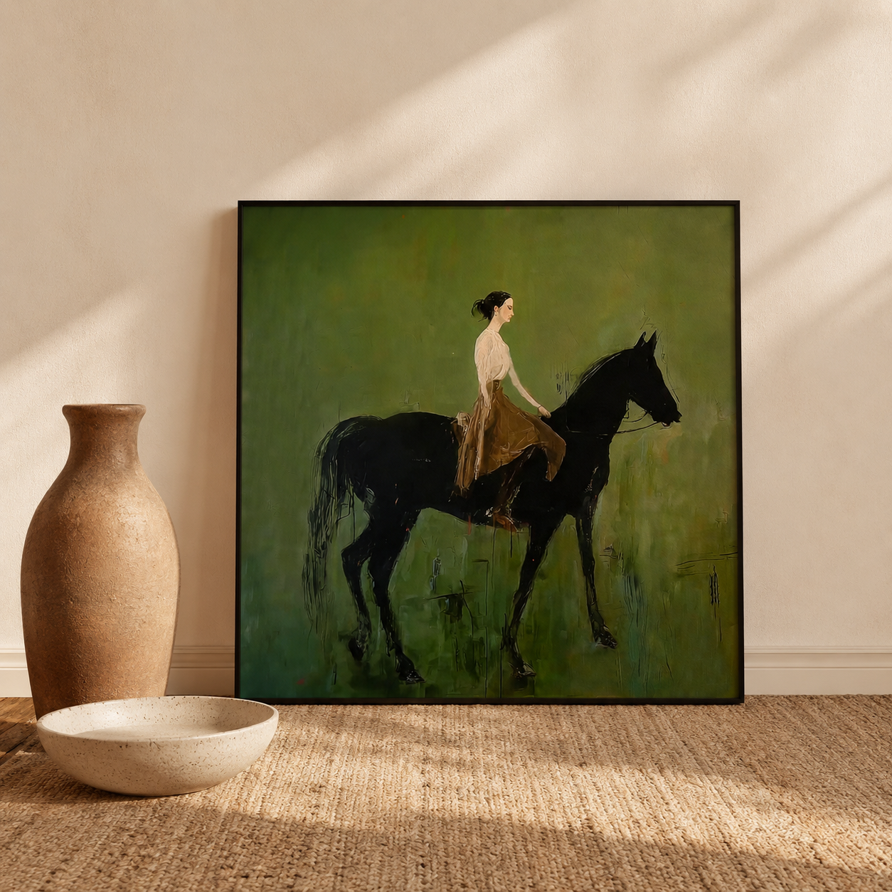 Elegant Woman Riding Black Horse Oil Painting On Linen Canvas With Olive Green Background