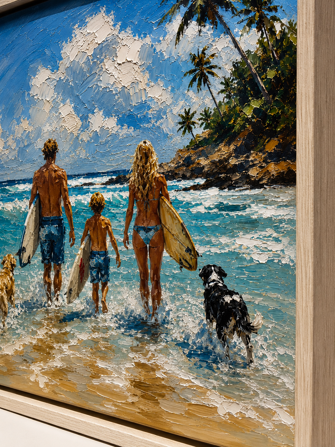 Summer Seaside Landscape Art Family Beach Surfing Painting With Dogs For Coastal Home Decor