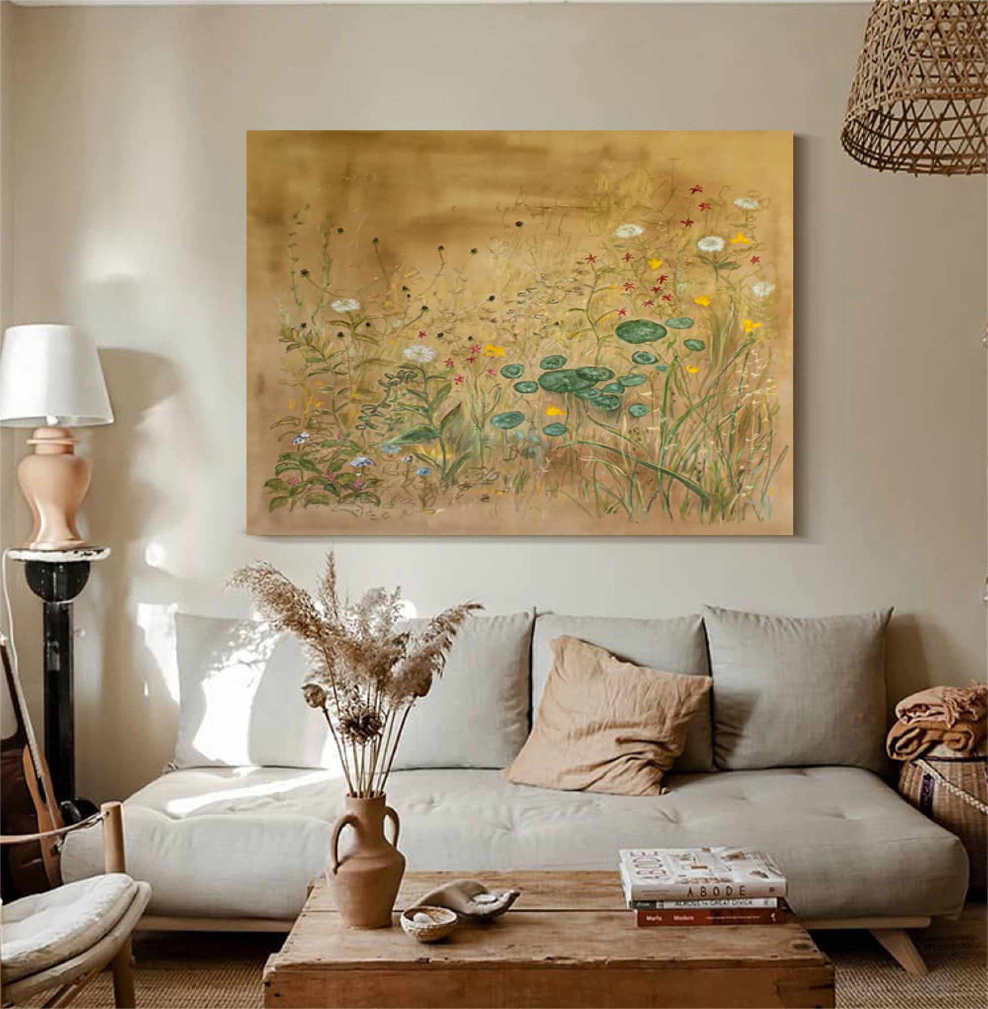 Earth toned flower painting Green plant painting, green graffiti art