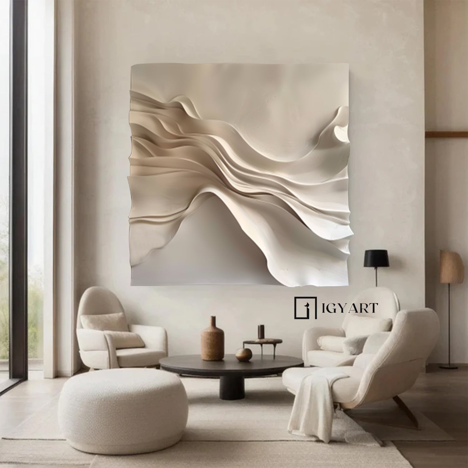Wood carving wall art Beige Sculptured art 3D Textured Wall Decor