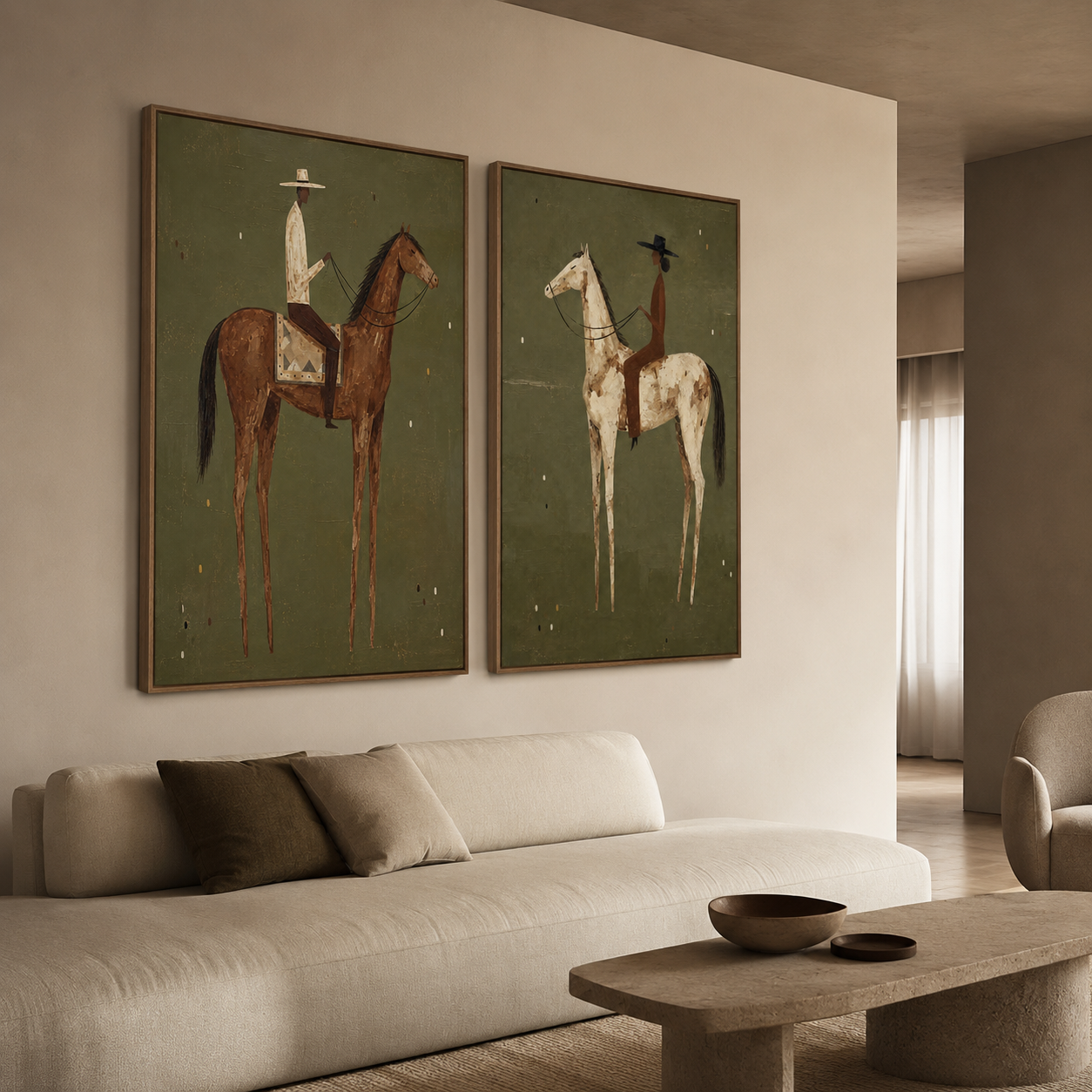 Vintage Equestrian Horse Painting Set With Riders In Earthy Tones For Classic Home Decor