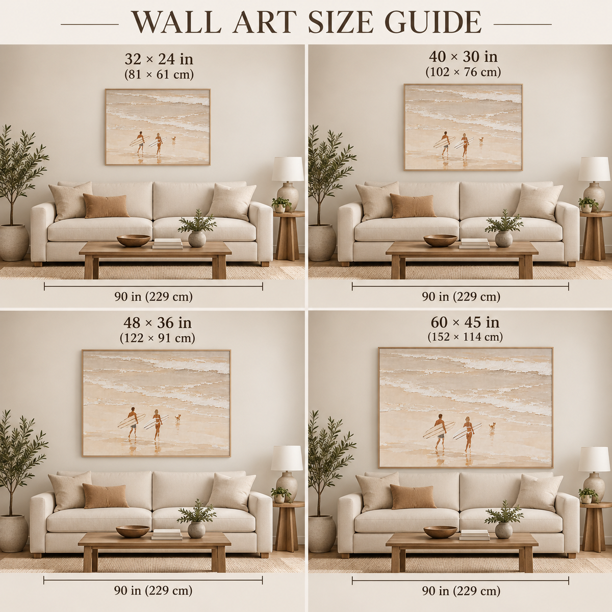 Neutral Cream Beach Canvas Art, Couple And Dog Surfing Wall Decor Surfboard Painting