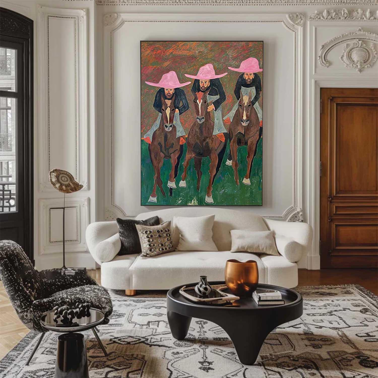 Pink hat man riding horse abstract painting pink hat man abstract art man riding horse abstract painting