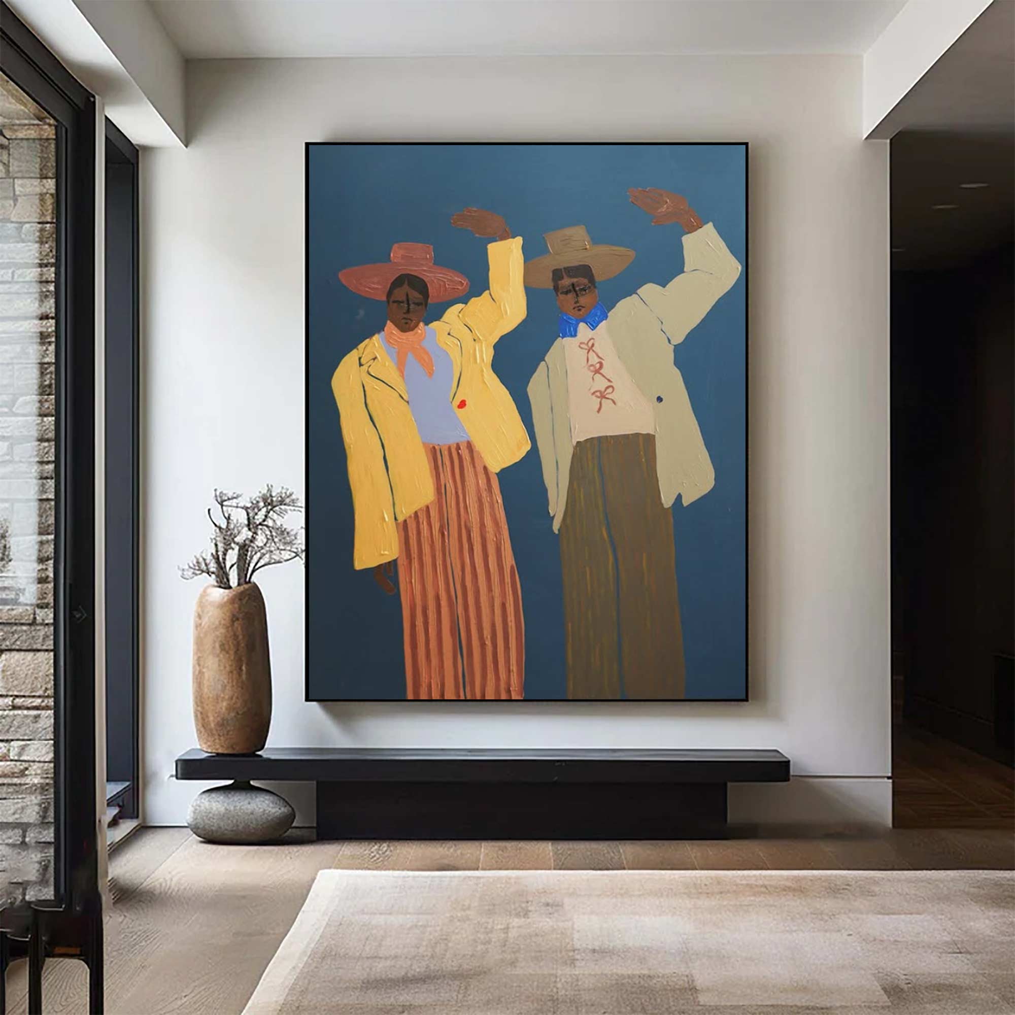 contemporary folk style male figure duo art Vintage Fashion Art Painting
