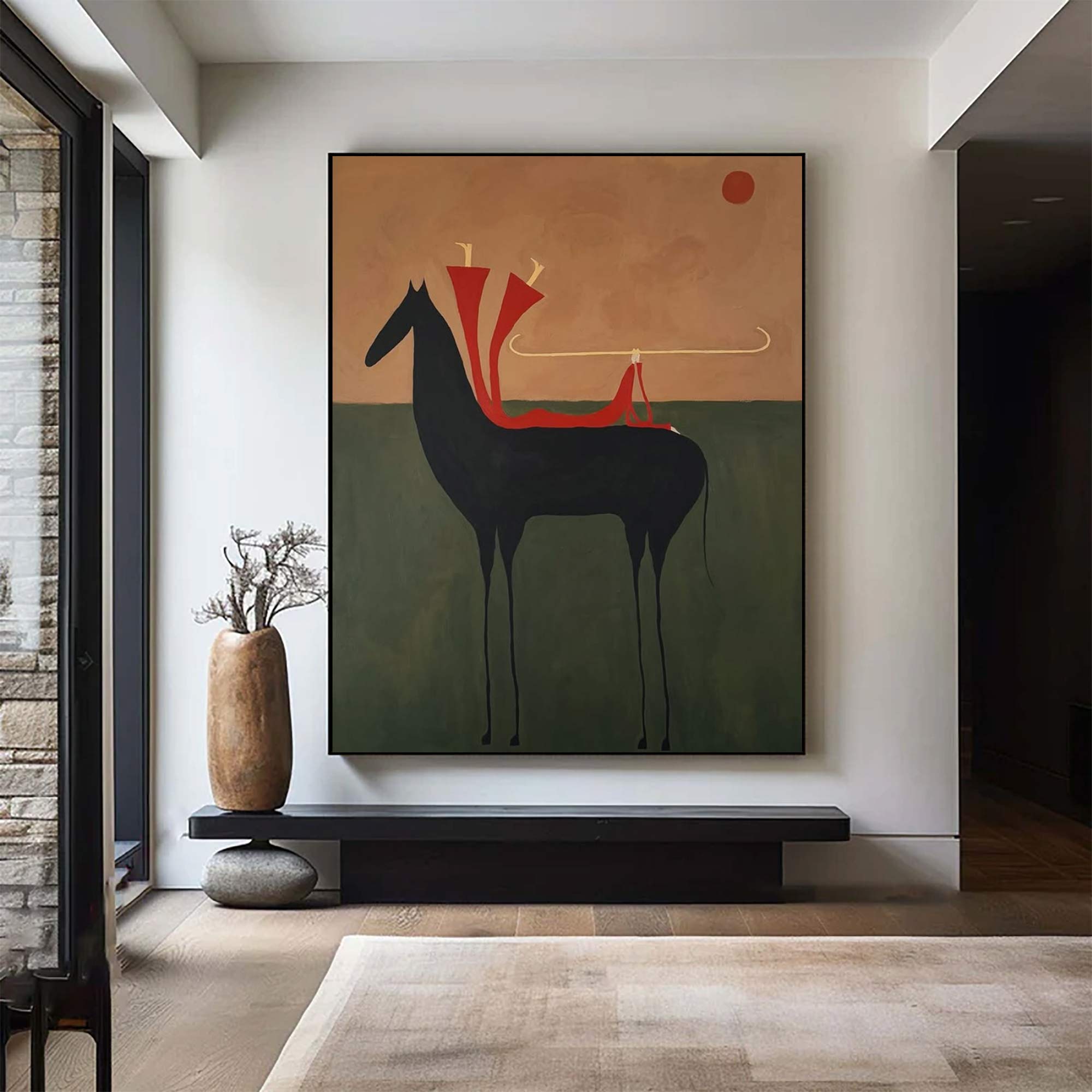 Surreal Horse & Rider Art Painting Whimsical Folk Art Wall Decor Quirky Equestrian Painting