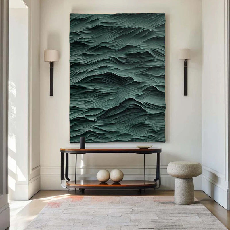 Green sculpture Waves Textured Wall Decor Green Sculptured Wood Block Art Sculptured art Painting