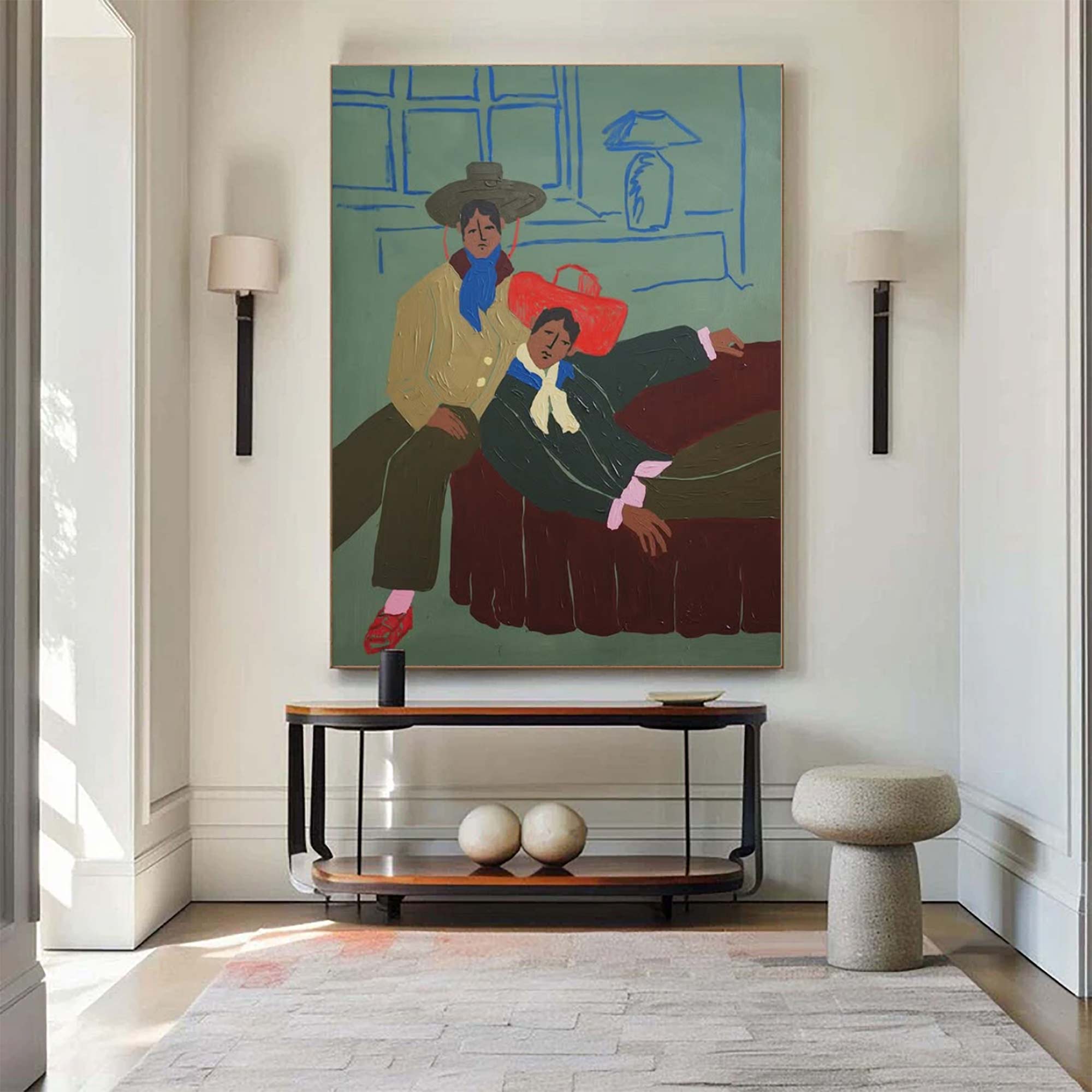 Bold Color Figurative Art folk art painting of two men in retro cowboy hats