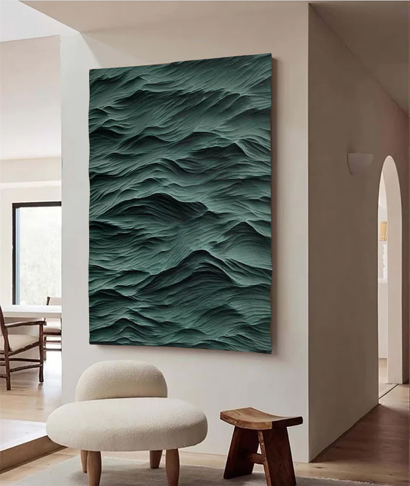 Green sculpture Waves Textured Wall Decor Green Sculptured Wood Block Art Sculptured art Painting