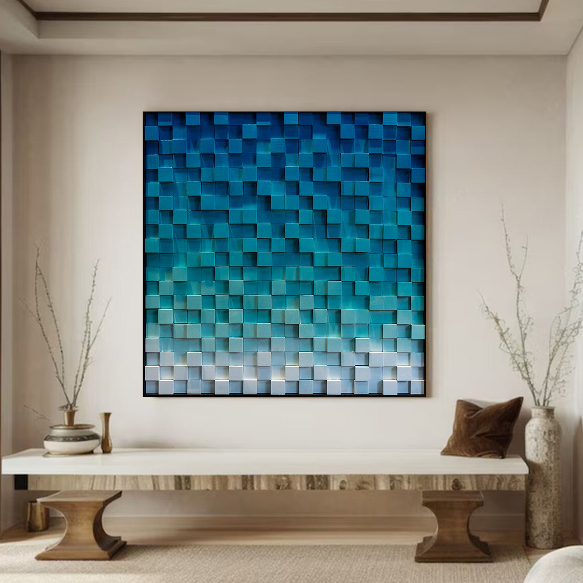 Blue Wood wall Decor Wood Block Art Geometric Wood Art Sculptured art