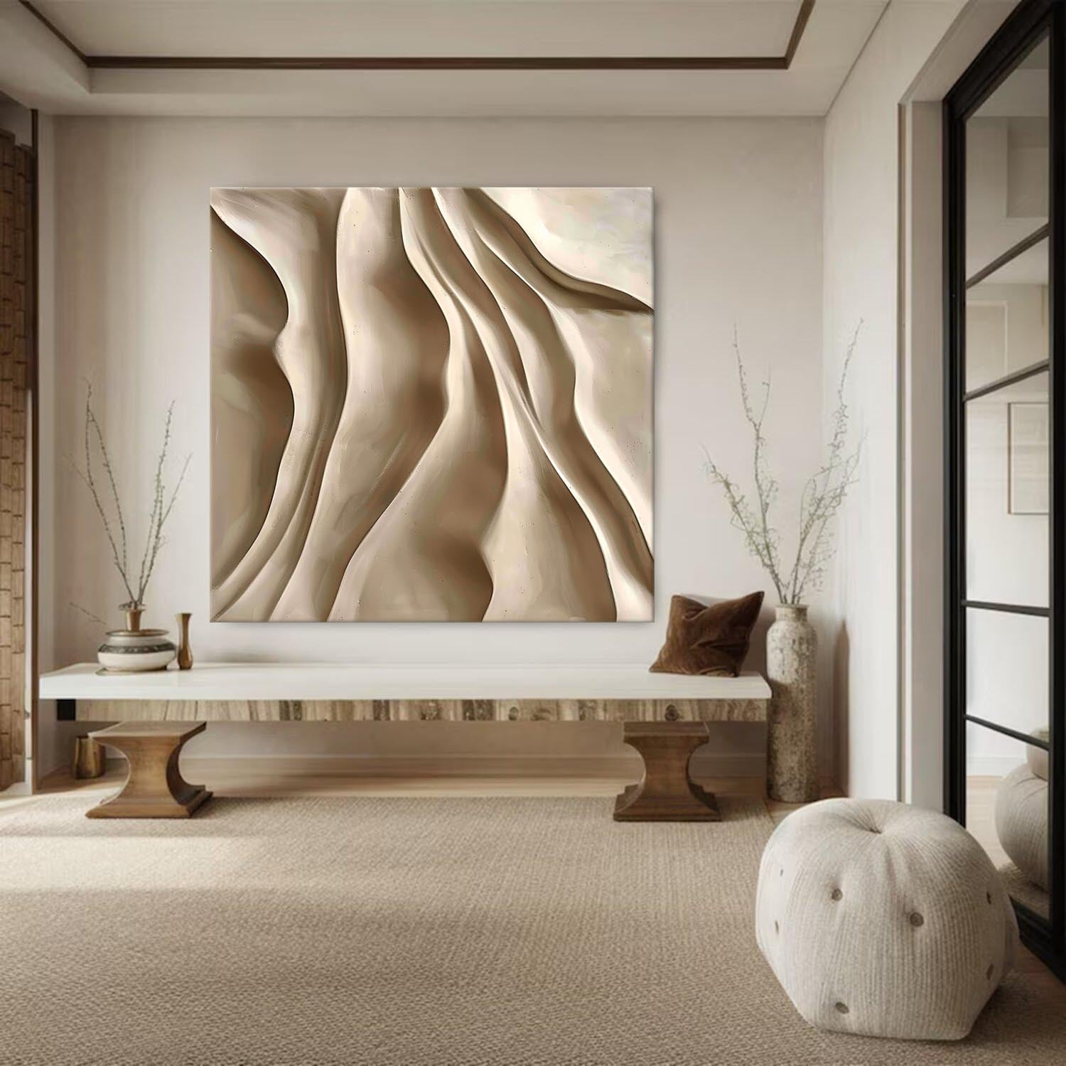 Beige Sculptured art Wood carving wall art Beige 3D Textured Wall Art