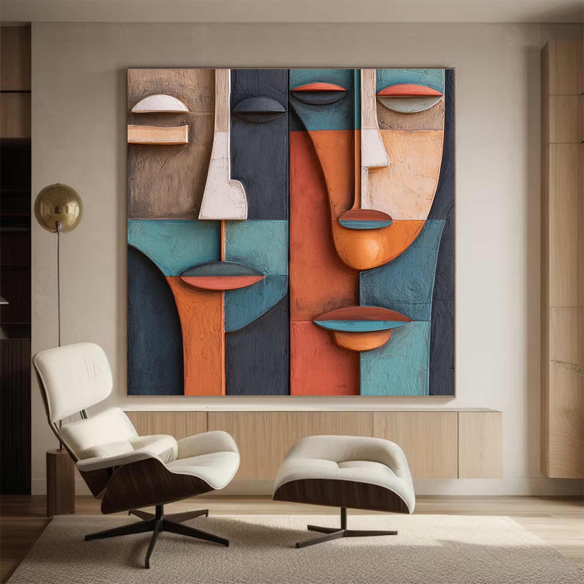 face Abstract 3D Textured Sculpture Hand-Painted Wood Carving Wall Art