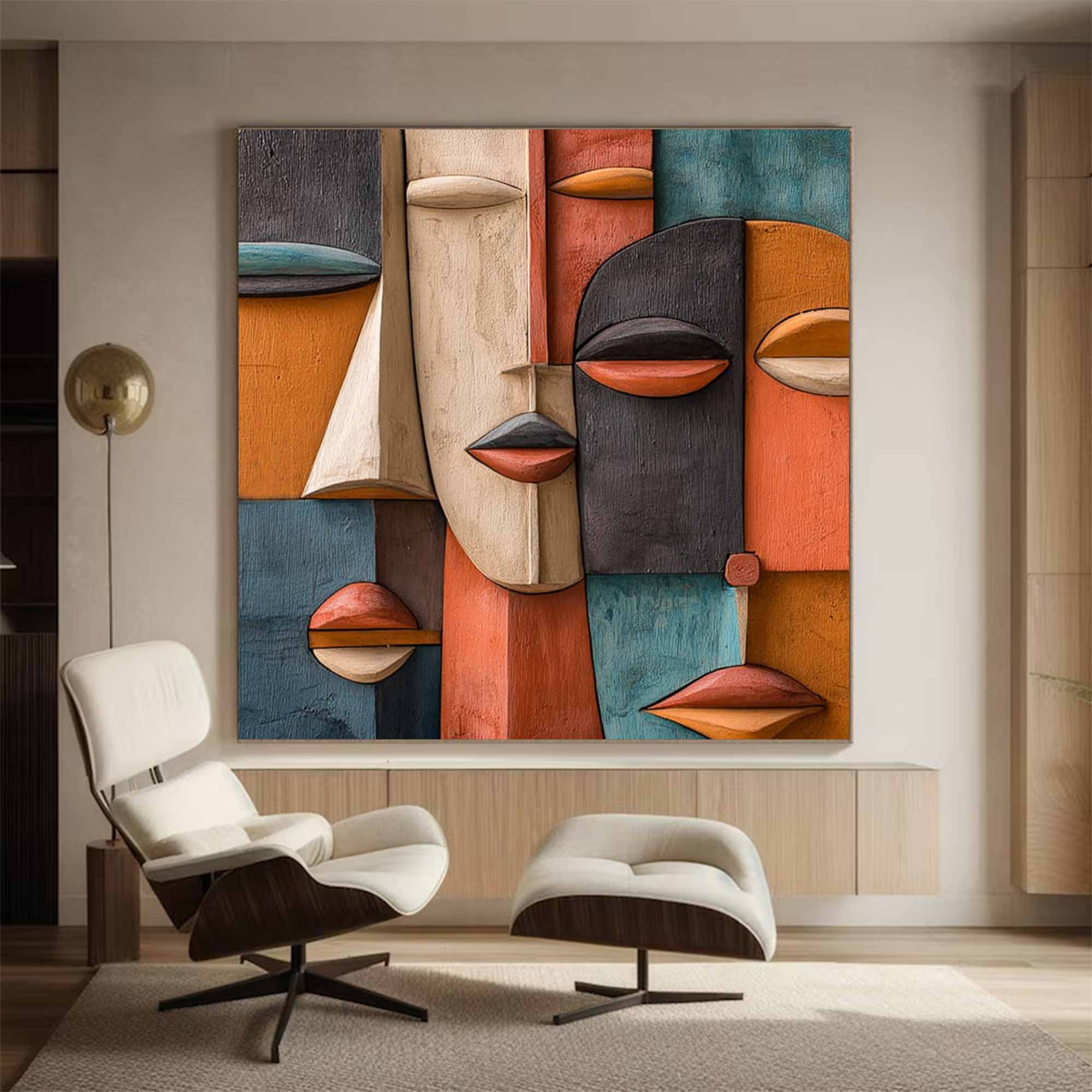 Hand-Painted Wood Carving Wall Art face Abstract 3D Textured Sculpture