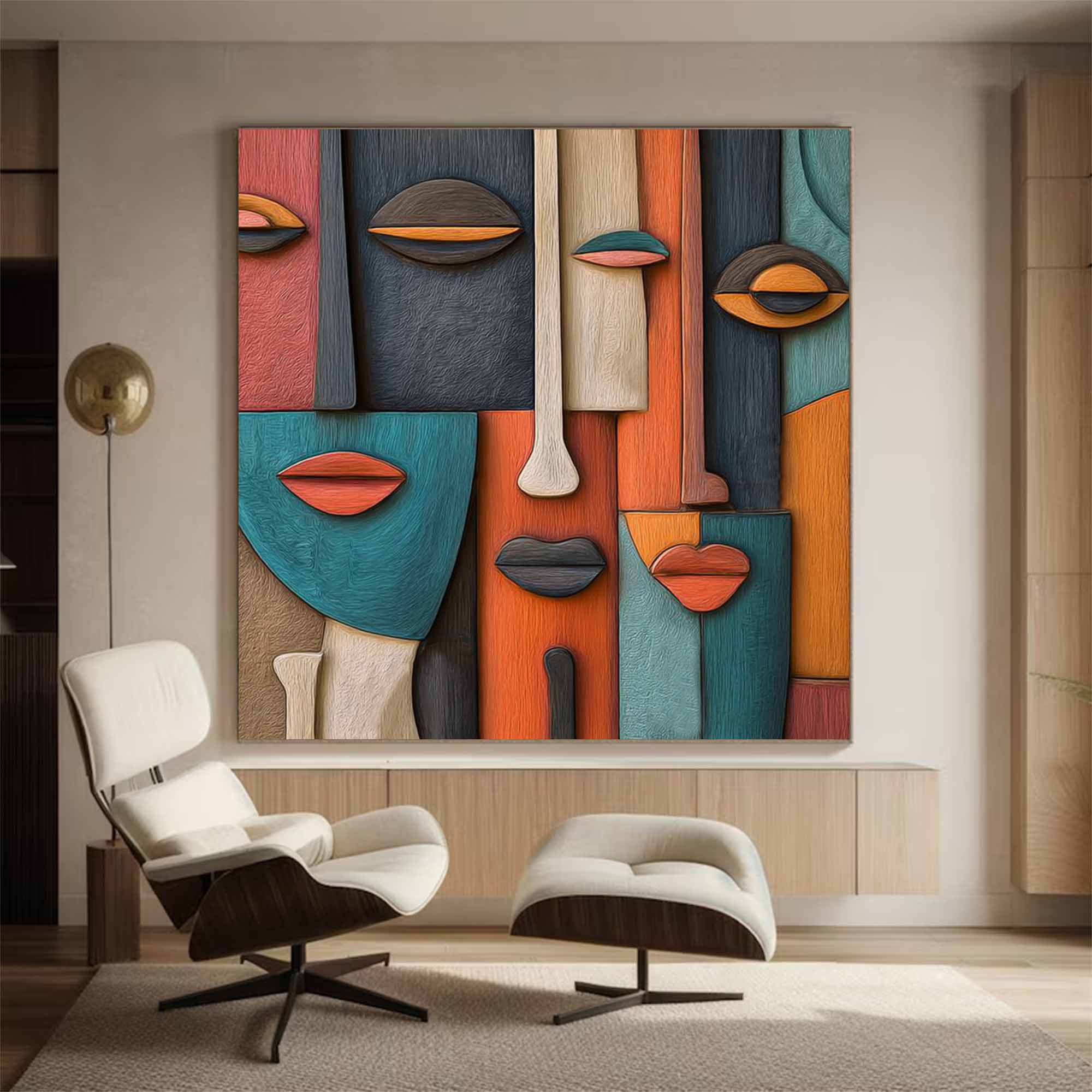 Hand-Painted Wood Carving Wall Art face Abstract 3D Textured Sculpture