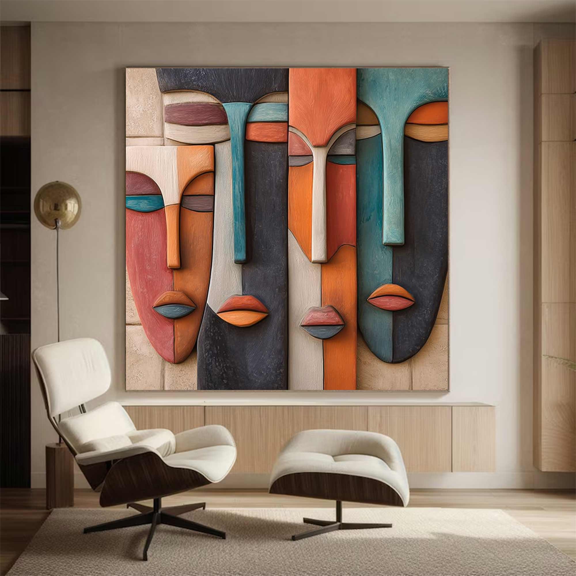 Hand-Painted Wood Carving Wall Art face Abstract 3D Textured Sculpture