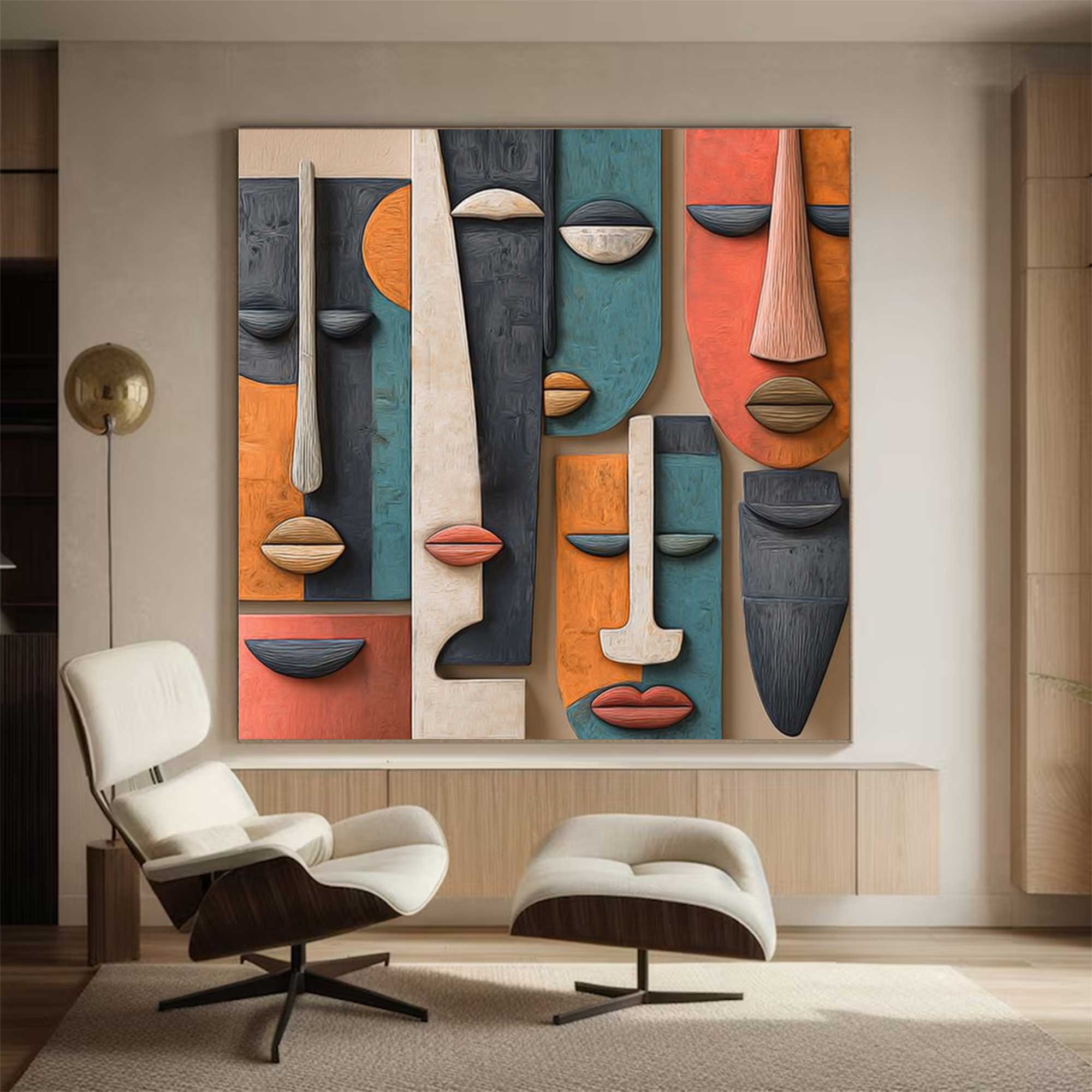 Hand-Painted Wood Carving Wall Art face Abstract 3D Textured Sculpture