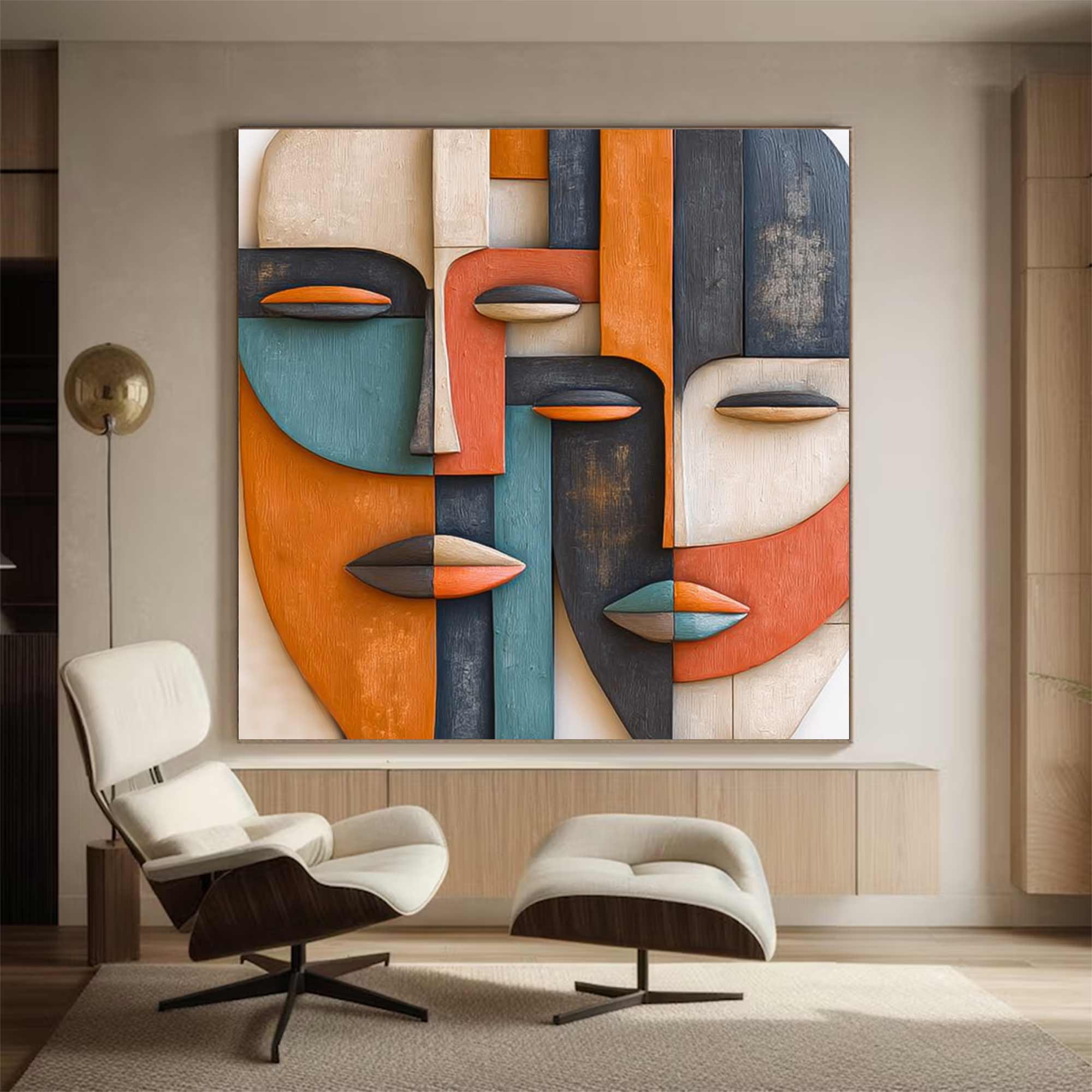 Hand-Painted Wood Carving Wall Art face Abstract 3D Textured Sculpture