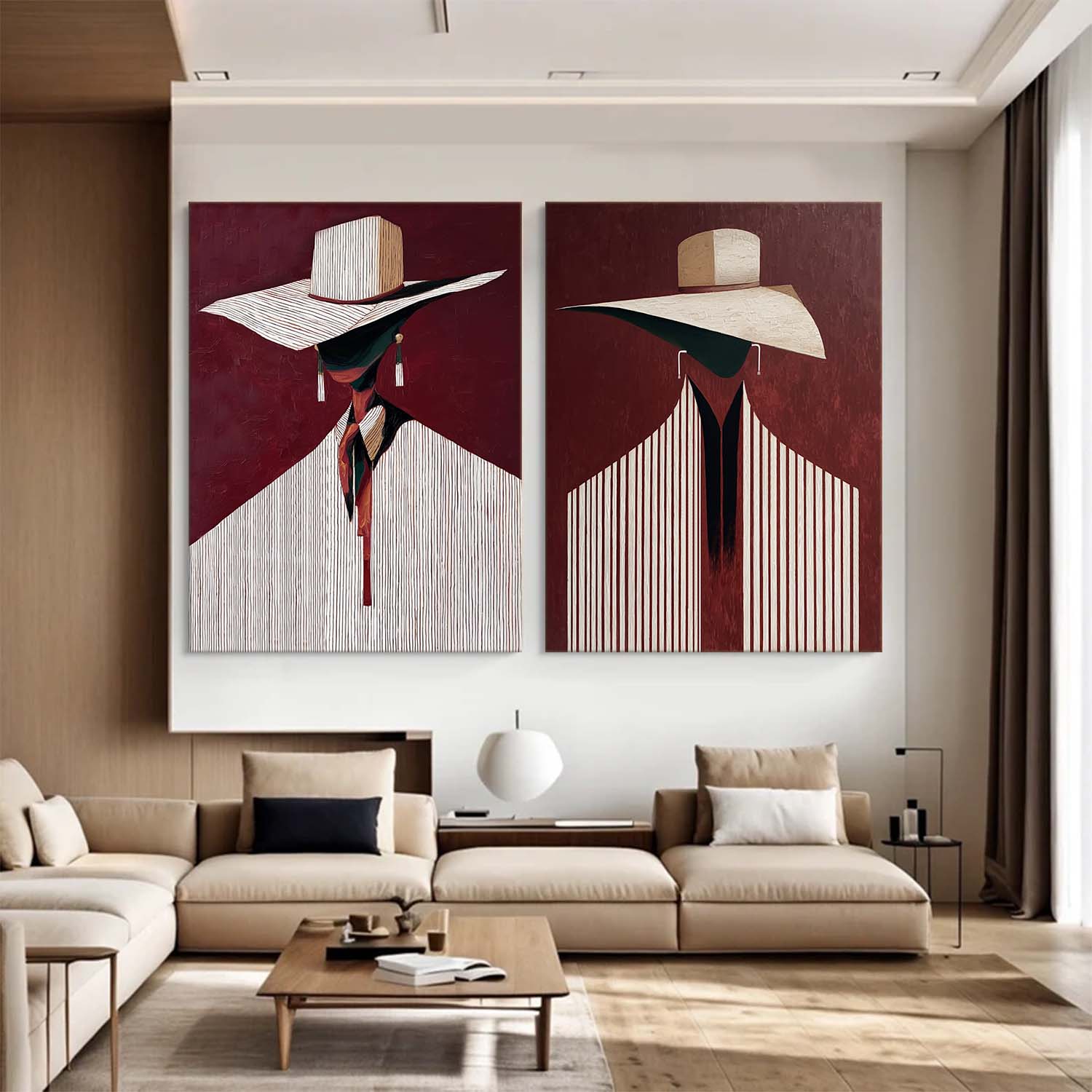 Mid-Century Modern Abstract Lady Oil Painting - Burgundy & Stripe Fashion Figurative Diptych