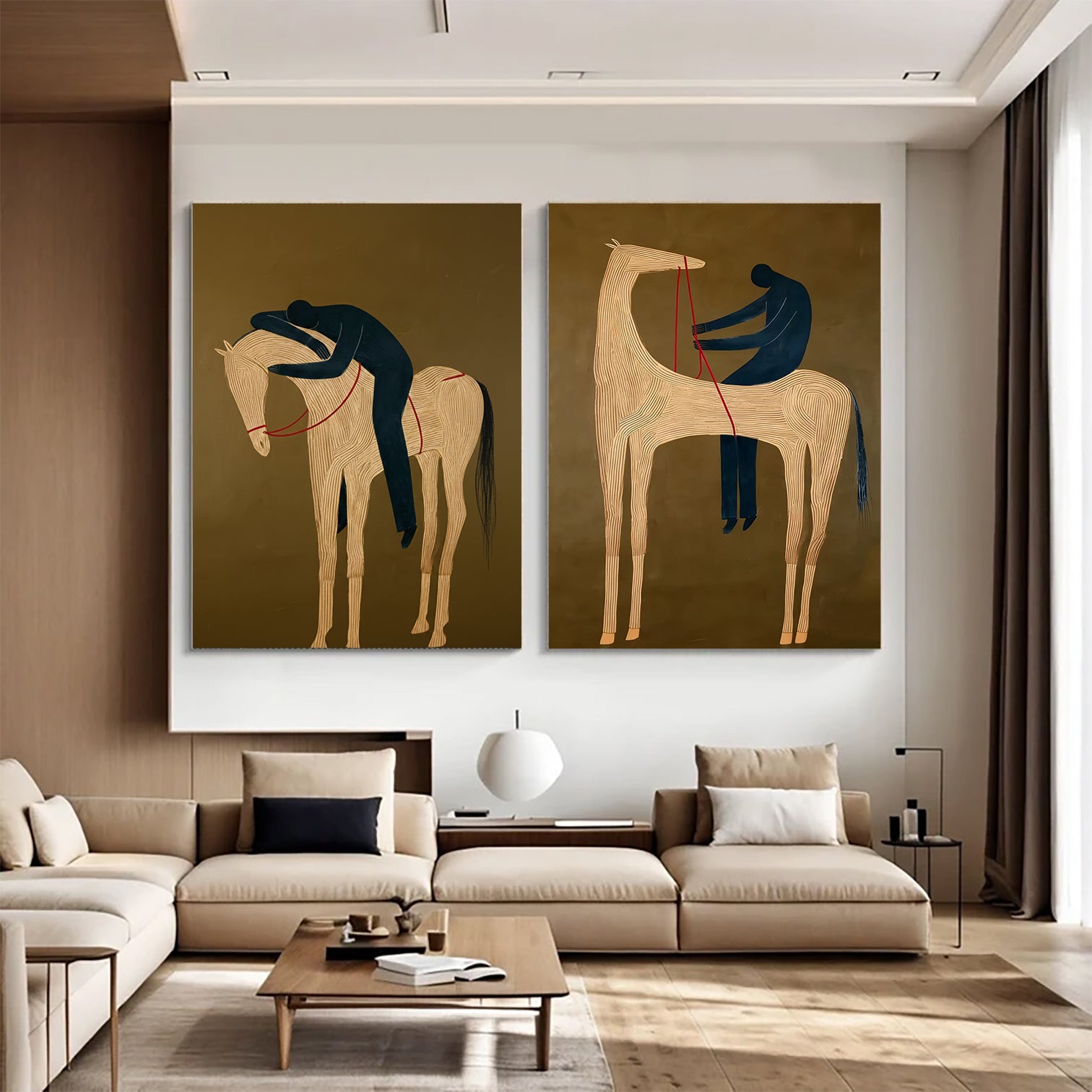 Set of 2 Equestrian Art Decor Minimalist Horse and Man Painting