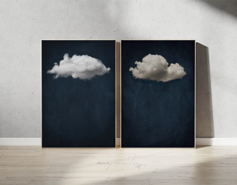 Set of 2 Blue painting white cloud sky painting Blue abstract painting