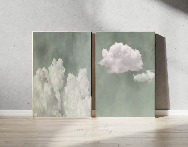 White cloud painting white cloud sky painting green abstract painting