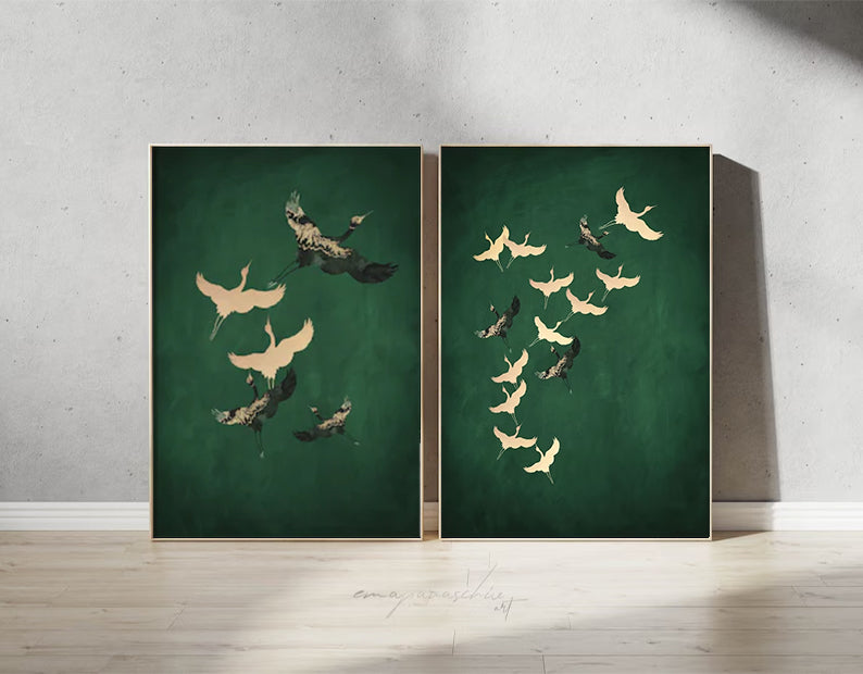 Set of 2 green art painting White crane painting, bird painting