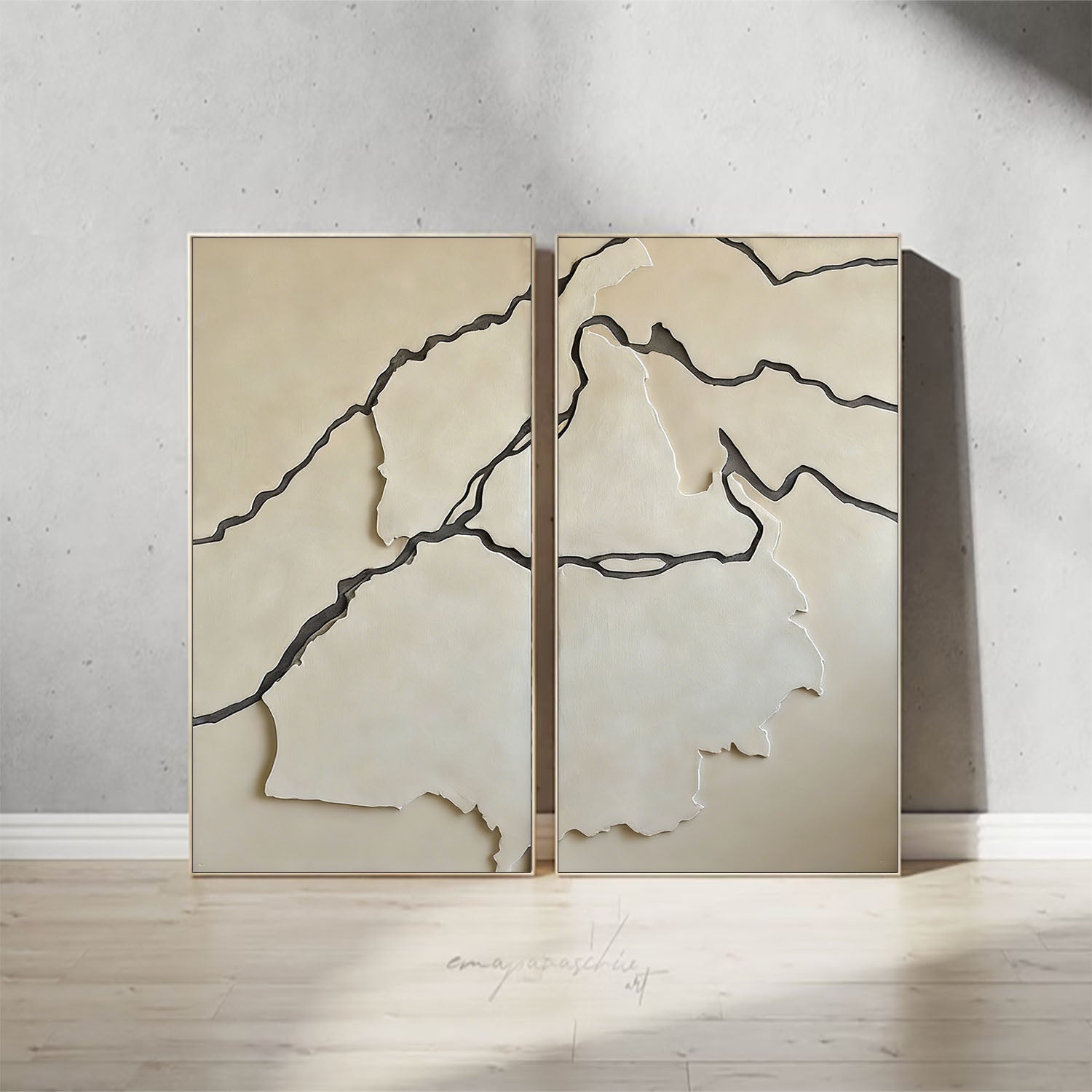 Handmade 2-Piece Wood Wall Art Set - Beige Abstract Wood Relief for Living Room