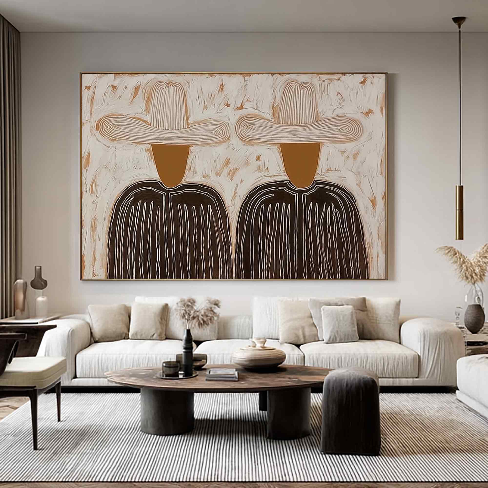 Minimalist character abstract art two cowboys with hats canvas painting