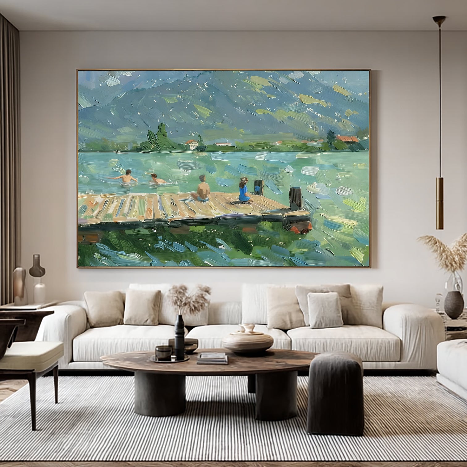 Family Summer lakeside landscape art green landscape abstract painting