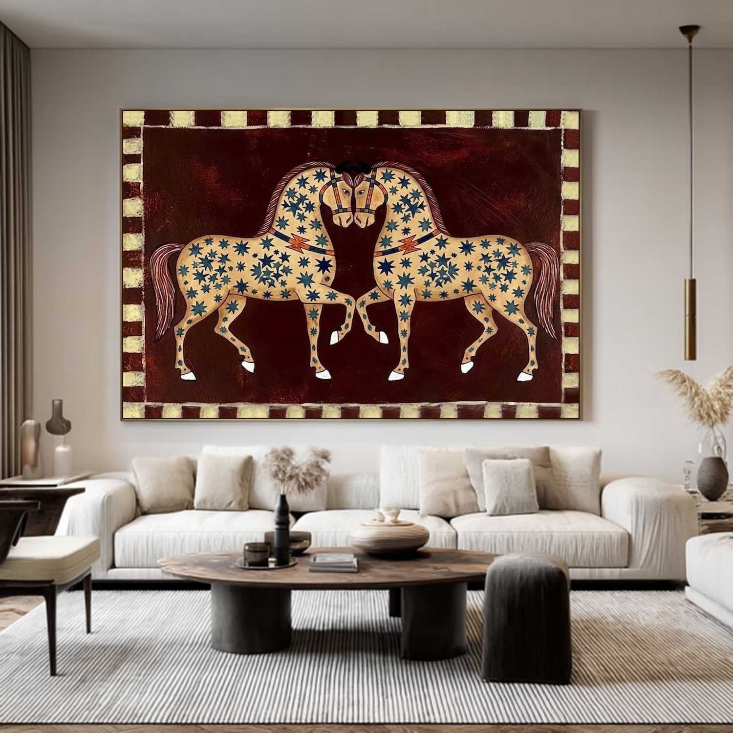 Mid-Century Modern Twin Horses Painting - Minimalist Ethnic Style Double Horse Painting