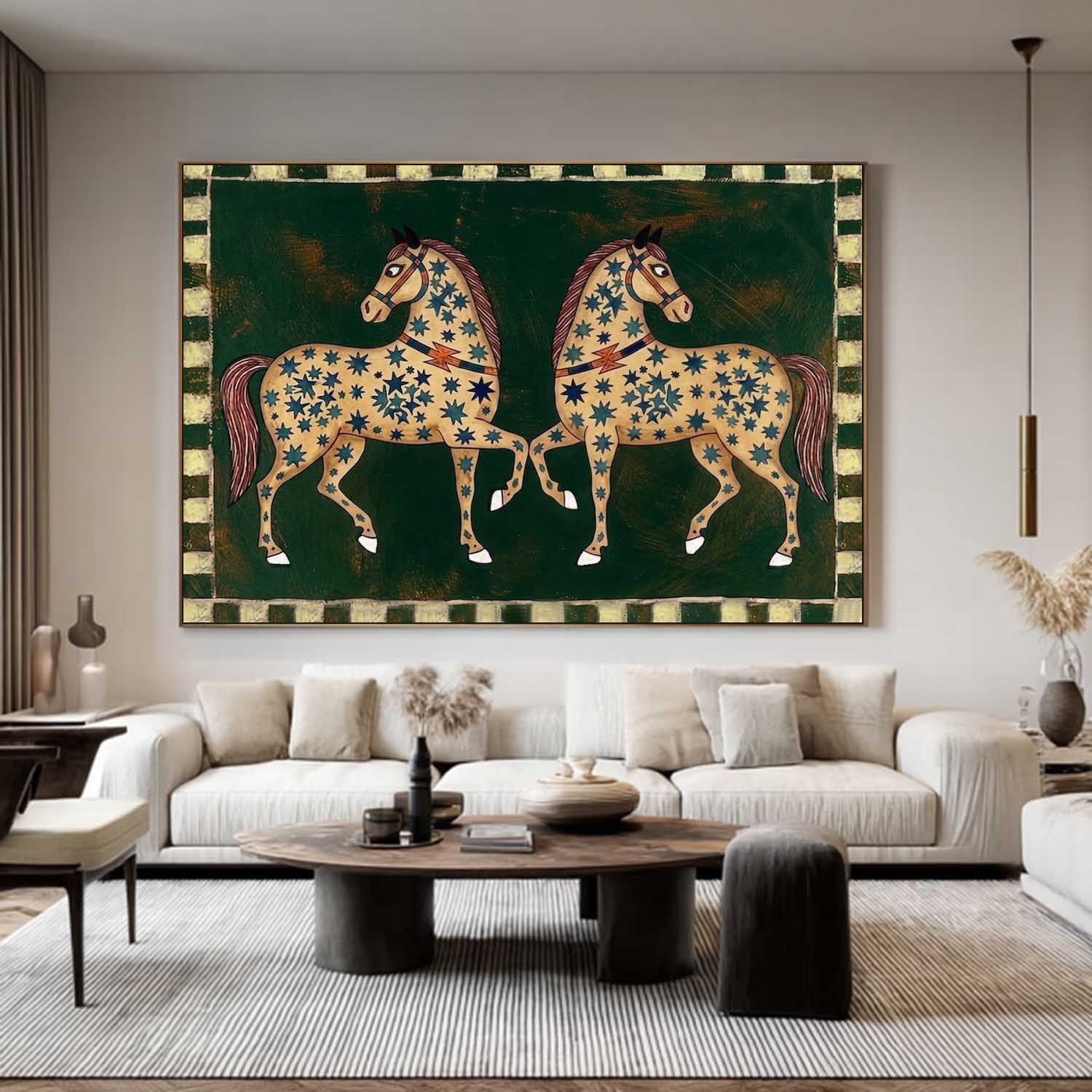 Mid-Century Modern Twin Horses Oil Painting - Folk Art Celestial Stars on Dark Green Canvas