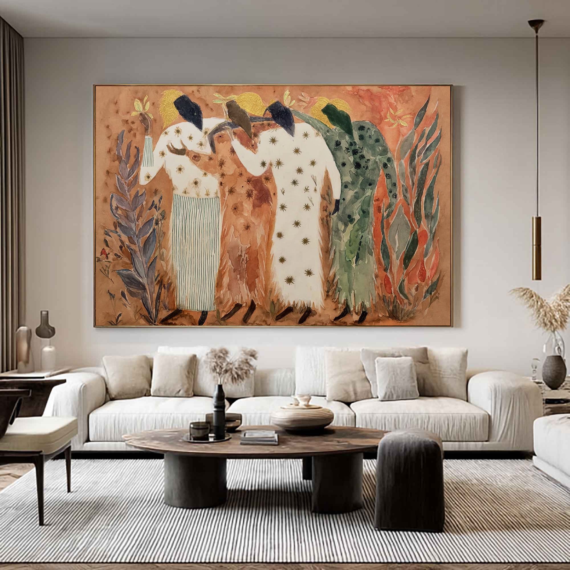 Modern style watercolor art Primitive style figure art Folk art figurative painting