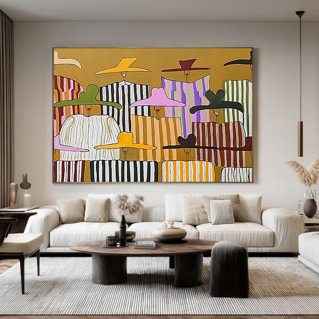 Large Abstract Pop Art Oil Painting for living room- Colorful Chic Ladies in Sun Hats