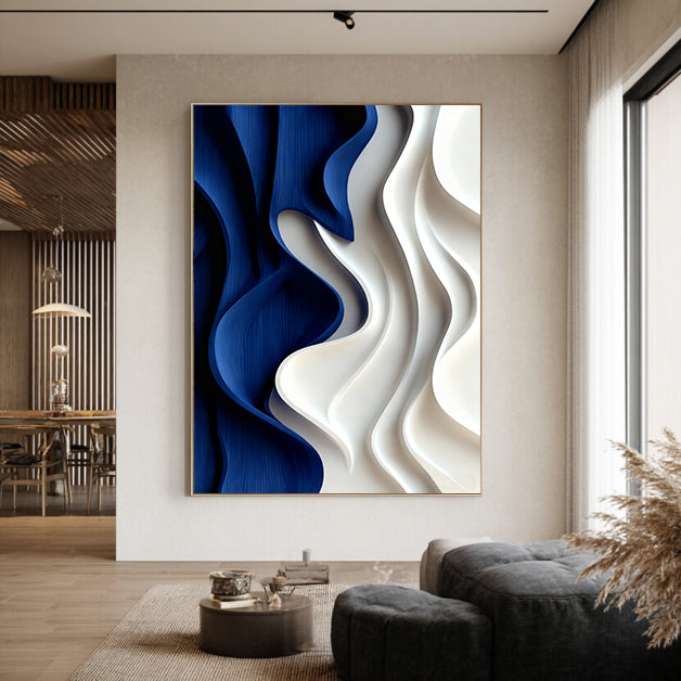 Blue Sculptured art Painting Wood carving wall art Blue 3D Textured Wall art