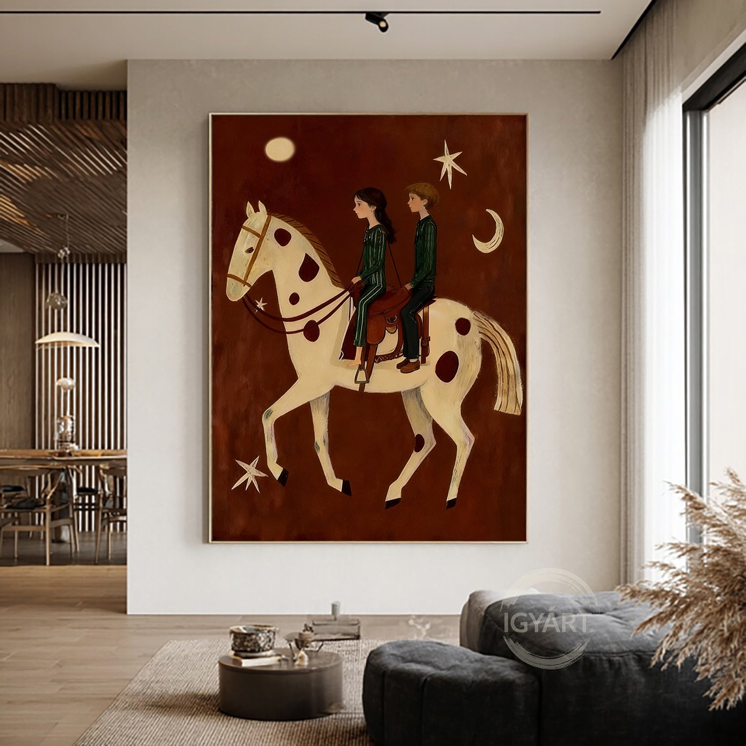 Mid-century Modern Folk Art Boho Wall Art Equestrian Oil Painting