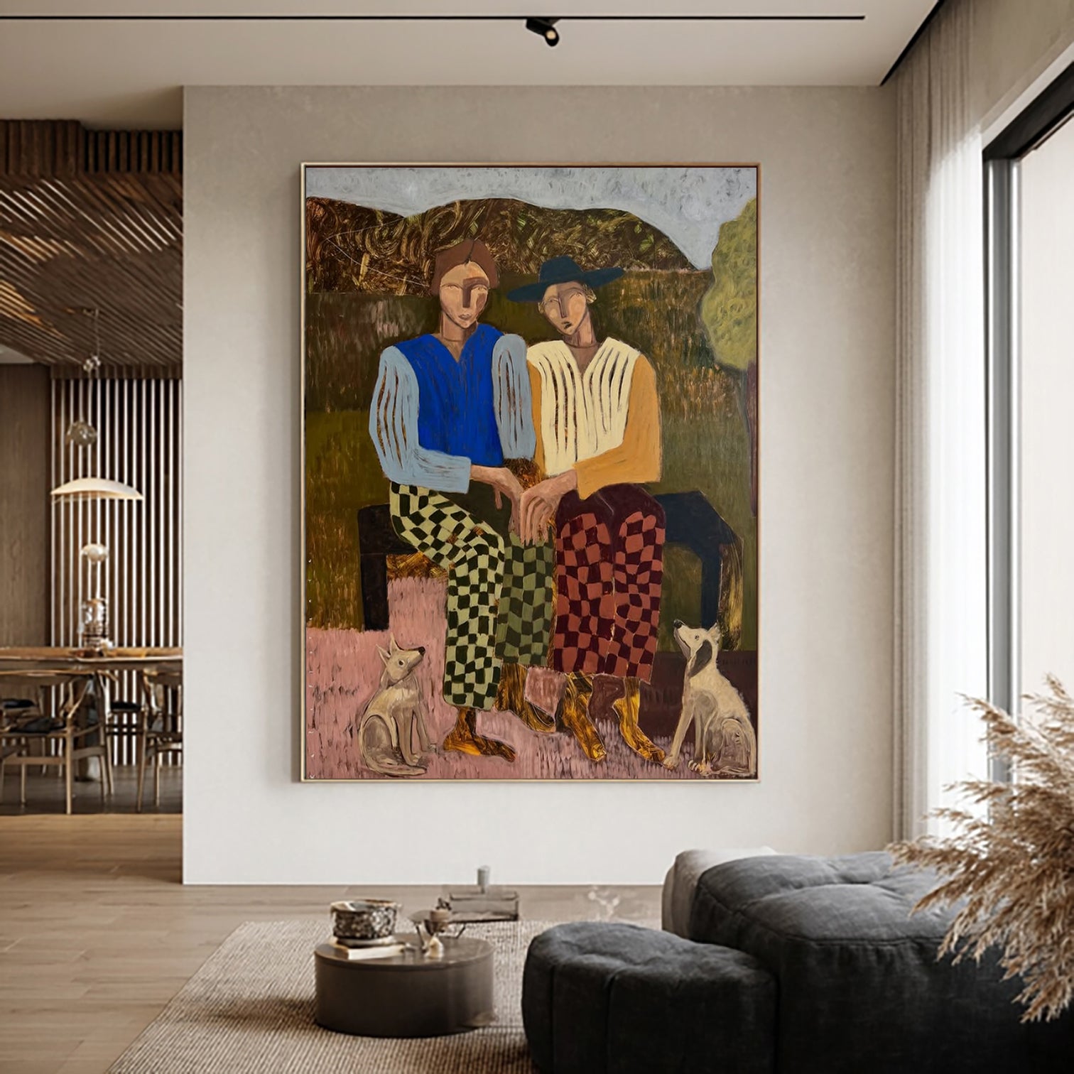Abstract People and Dogs Art Modern Figurative Oil Painting Mid-century Modern Decor