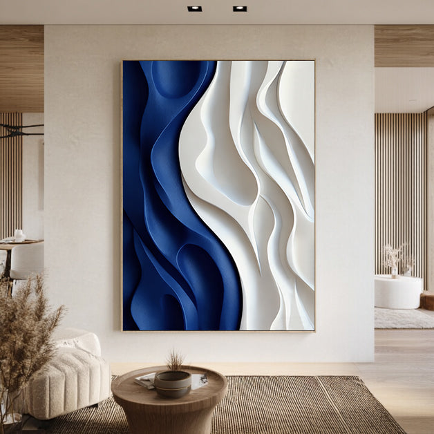 Blue 3D Textured Wall art Blue Sculptured art Painting Wood carving wall art