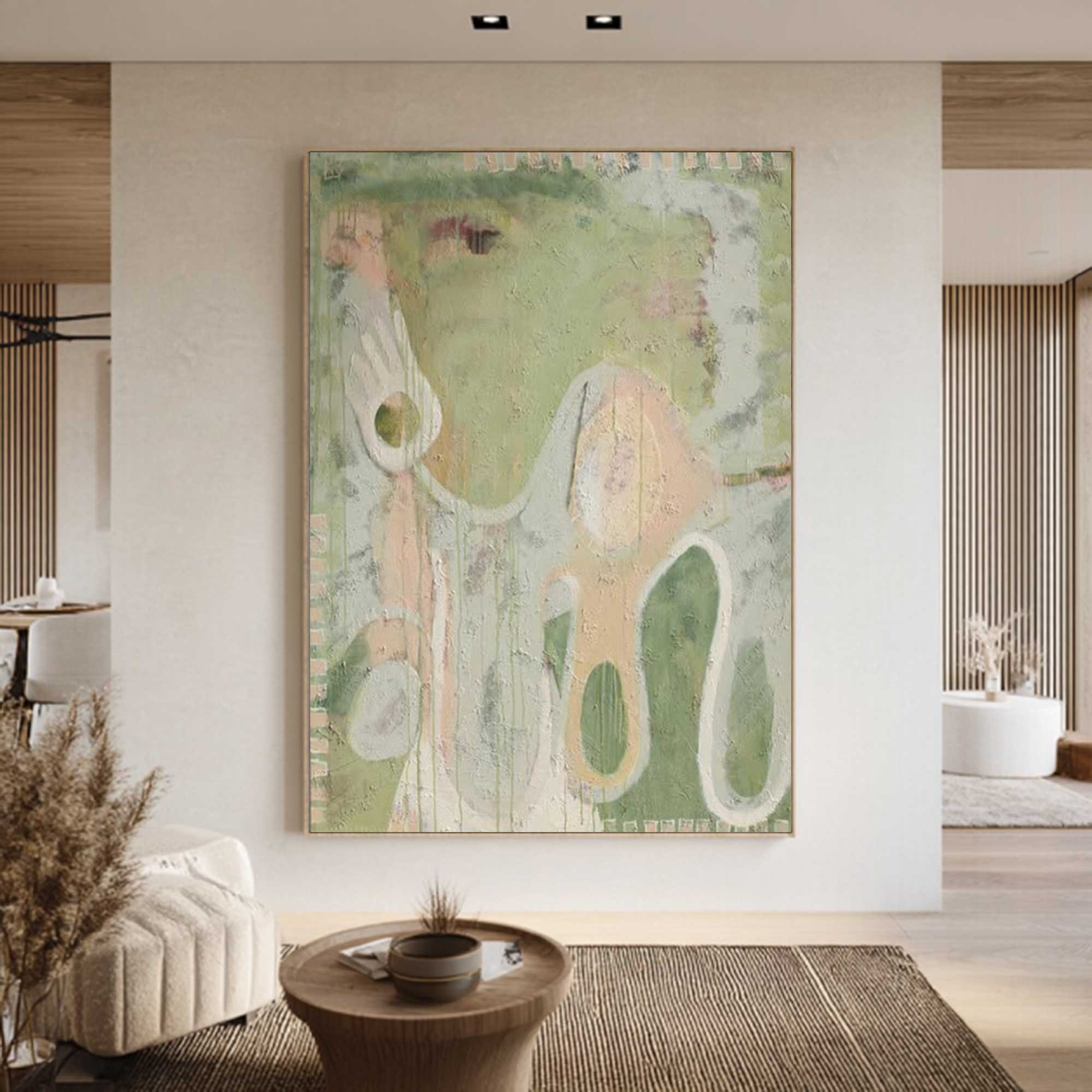 Green abstract painting, green graffiti art, green textured living room wall decor