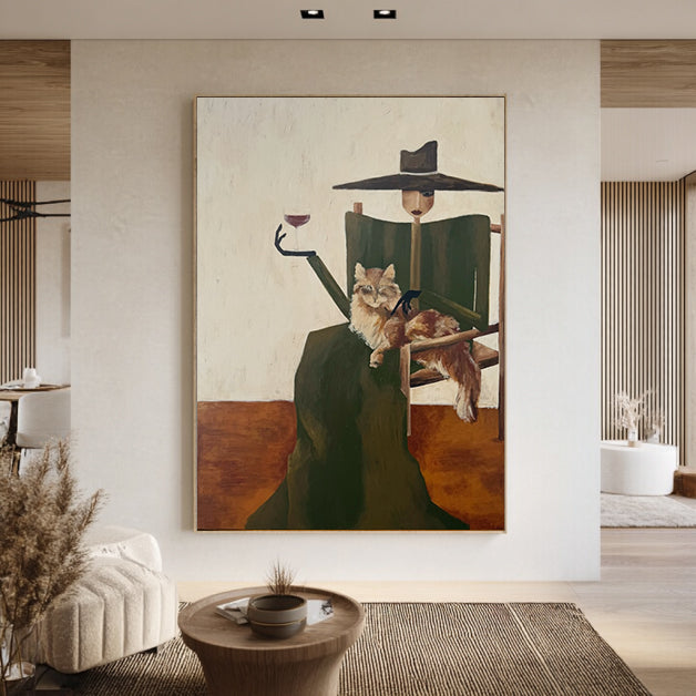 Hand-Painted Woman & Cat Oil Painting | Modern Minimalist Wall Art