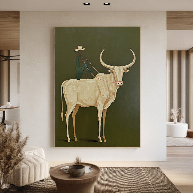 Abstract bull and Rider Wall Art - Minimalist Equestrian Painting
