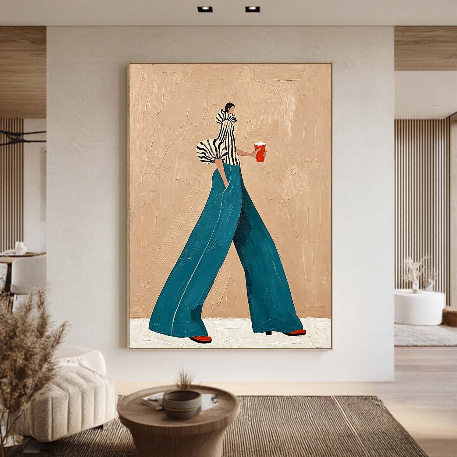Modern Fashion Wall Art–Woman in Striped Top & Teal Pants Canvas Painting–Stylish Canvas Artwork