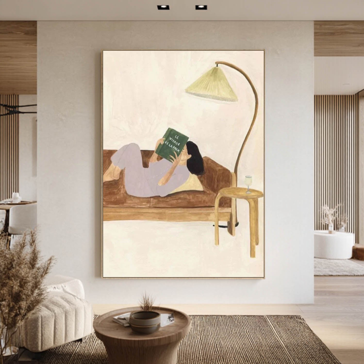 Modern Figurative Canvas Decor, Aesthetic Woman on Sofa, Neutral Tone Art