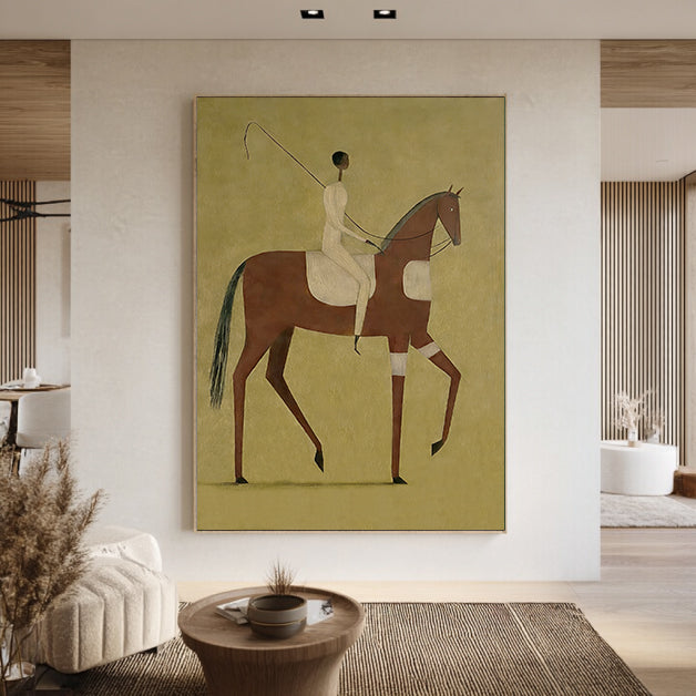 Minimalist black horse painting with red mane and a slim rider on olive green background.