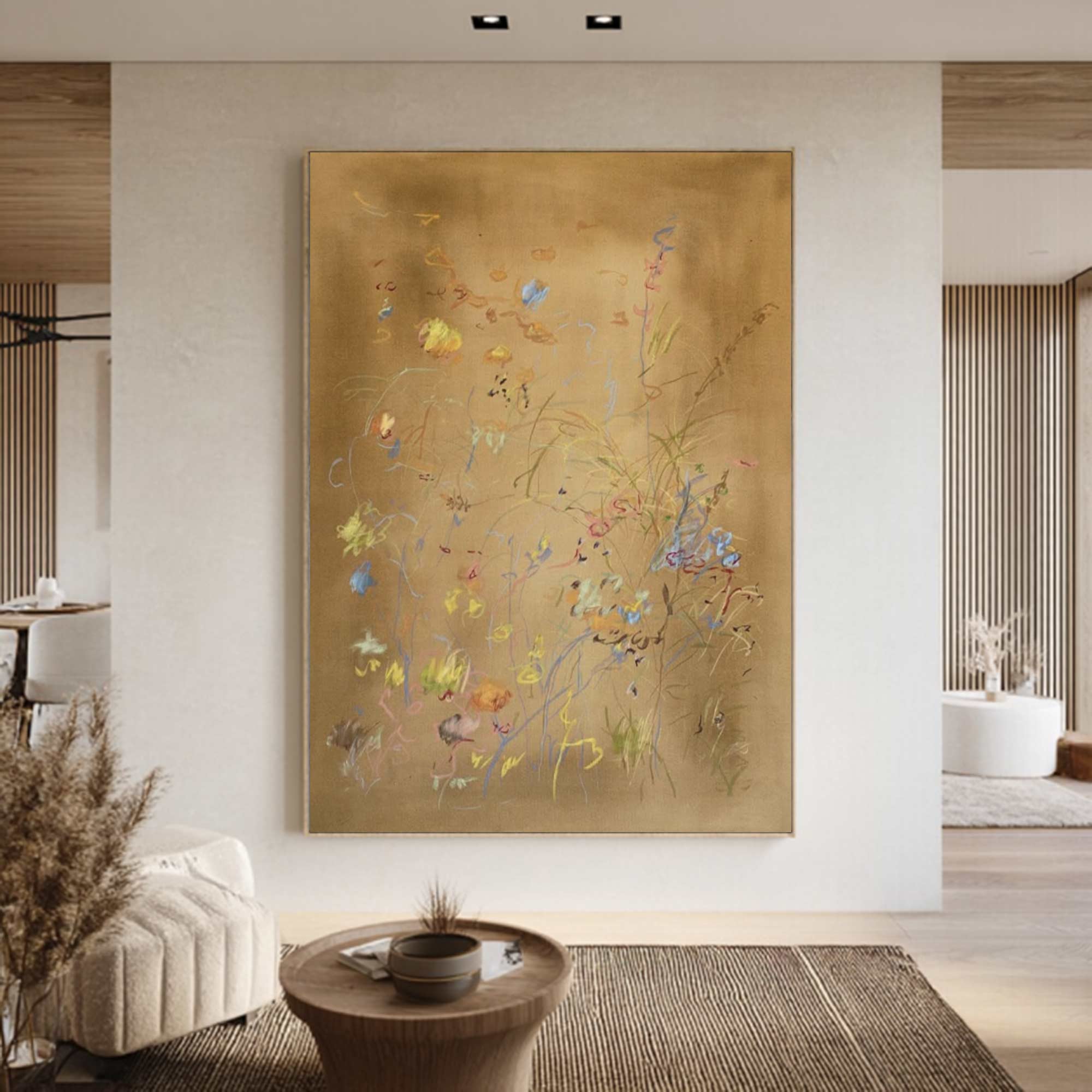 Earth color flower painting brown abstract painting, brown plant wall painting