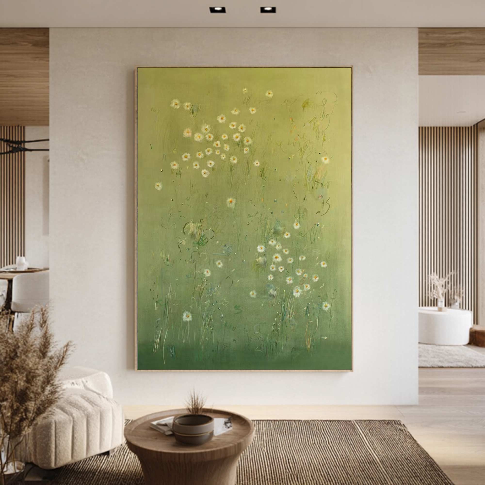 Green abstract painting, green plant wall painting, flower painting