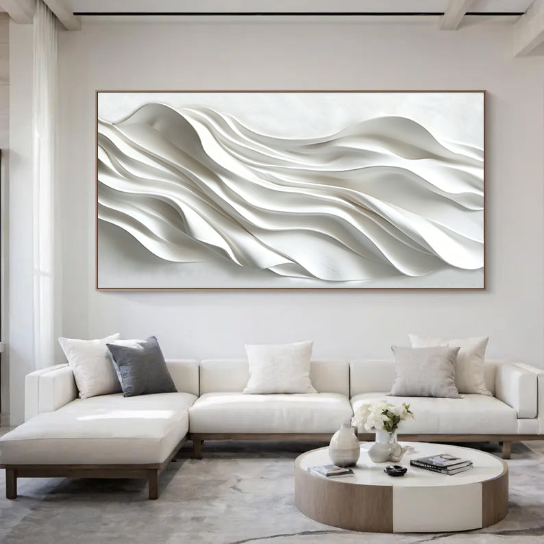 Large 3D Wave Wood Carving Wall Art Hand-Sculpted White Abstract Panel for Living Room Decor